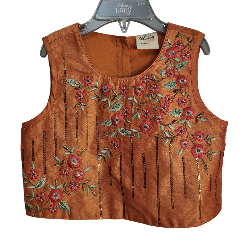 Utsa Kids Burnt Orange Floral Embroidered Sequin Choli Crop Top Size 5-6Y
